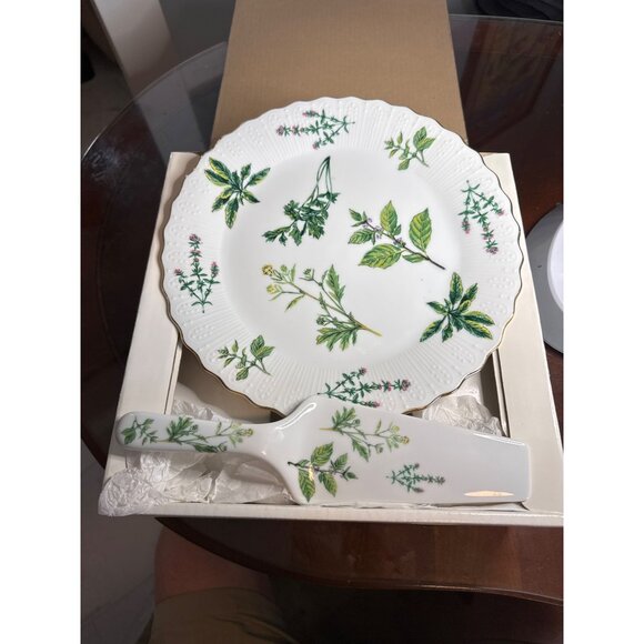 Aynsley By Sadler Botanical Cake Stand & Cutter Set Gold Trim Porcelain     57-8 - Picture 1 of 9